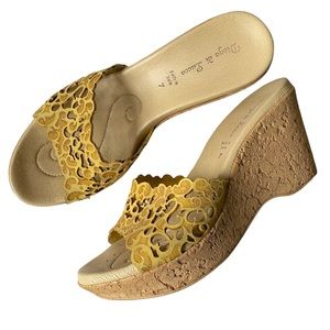 Yellow Diego di Lucca wedge sandal with cutout design, size US 7, Euro 38
